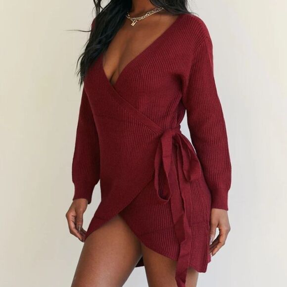 Princess Polly Burgundy Red Phenix Wrap Mini Sweater Dress Women's Size XS/S - Picture 2 of 10